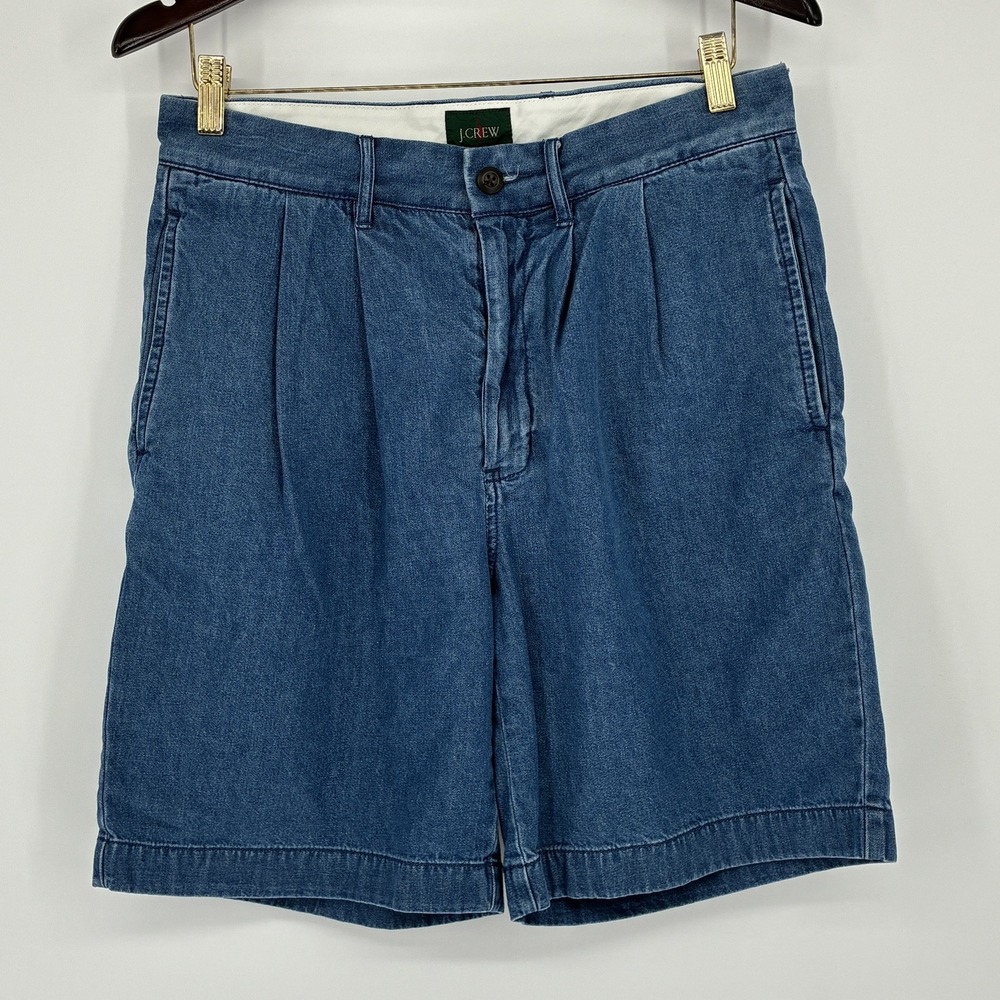 J. Crew Men's 30 Waist 8" Inseam Pleated Denim Chambray Blue Shorts Vintage VTG
